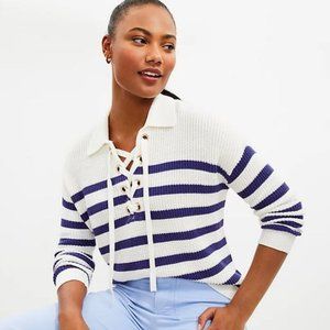 LOFT:  Striped Lace Up Polo Sweater - white/blue